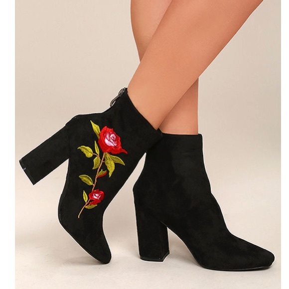 Lulus Shoes - Vegan Black Suede Embroidered Boots